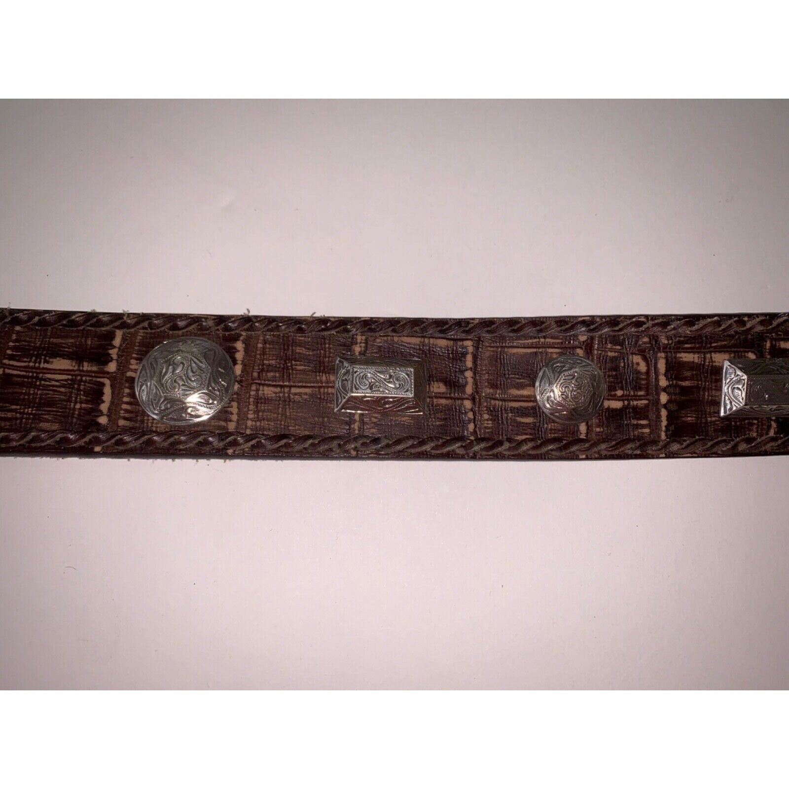 BRIGHTON 32 silver buckle wide leather belt brown medallions asiago concho
