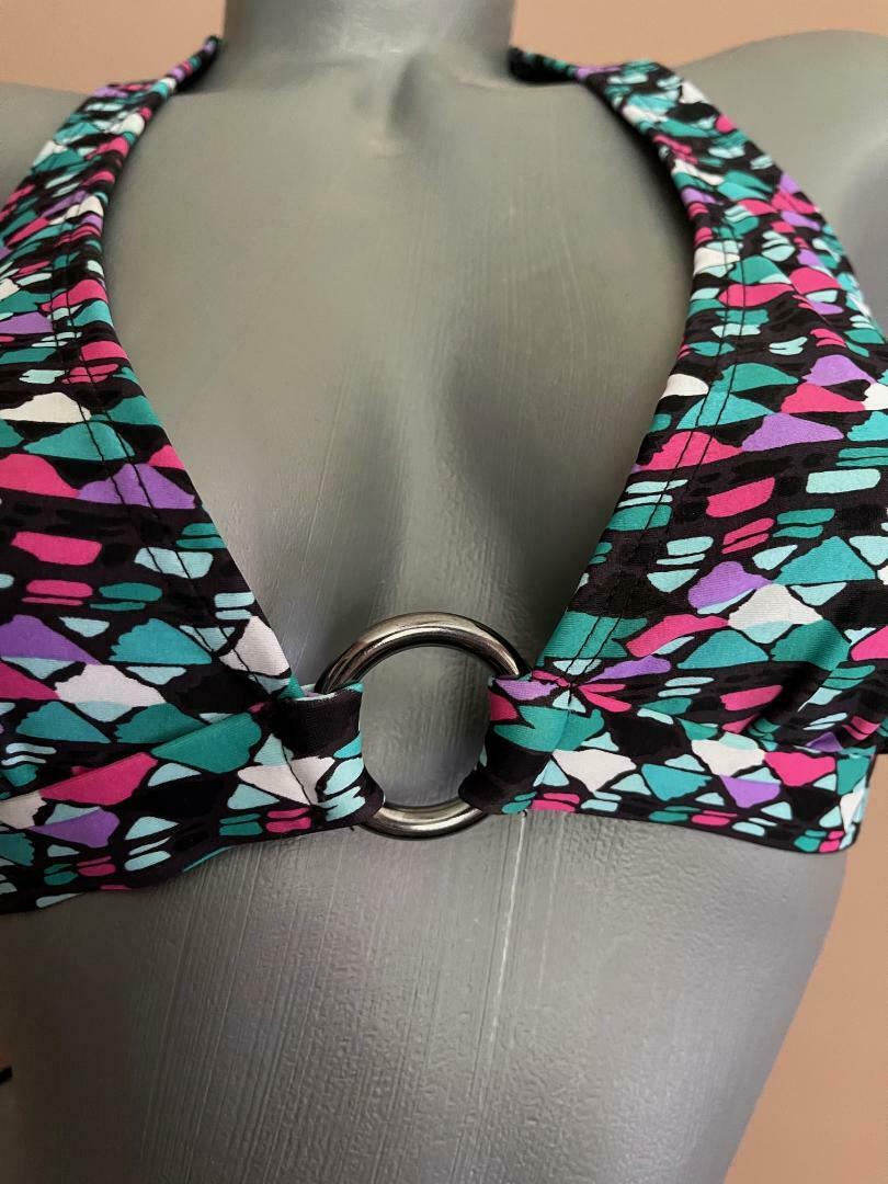 SHOSHANNA P S bikini swimsuit mosaic with gunmetal rings 2 piece halter