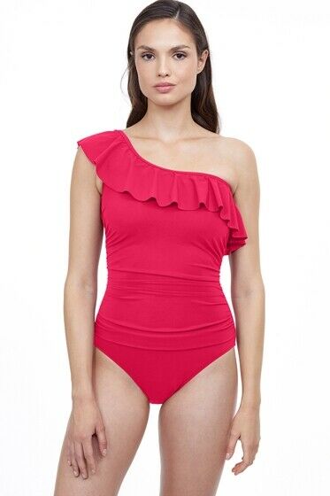 GOTTEX 12 one shoulder ruffled swimsuit 1 piece tummy control off shoulder