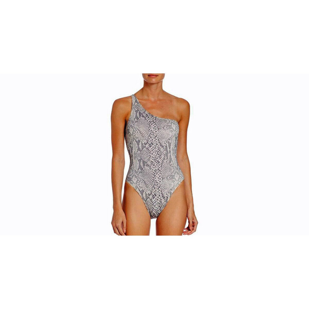 NORMA KAMALI XS 1 piece swimsuit one-shoulder snake python hot off-shoulder-Clothing, Shoes & Accessories:Women's Clothing:Swimwear-Norma Kamali-XS-cream/charcoal-Jenifers Designer Closet