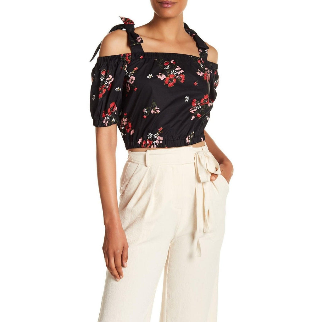 REBECCA TAYLOR 4 Marguerite black floral cold-shoulder crop top midi $250-Clothing, Shoes & Accessories:Women's Clothing:Tops-Rebecca Taylor-4-Black floral-Jenifers Designer Closet