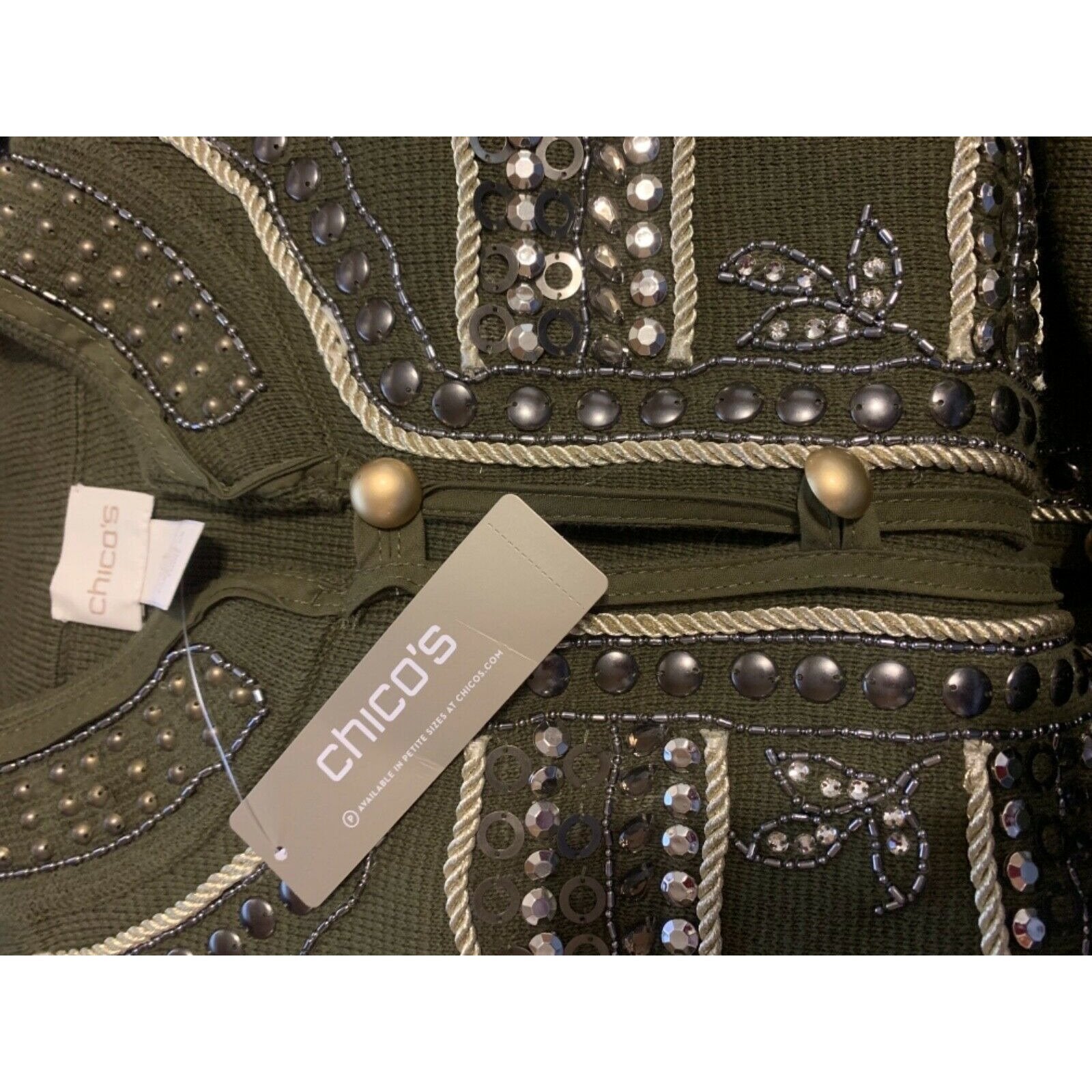 CHICOS 2 (12) military embellished sweater jacket cardigan olive $139 studs-Clothing, Shoes & Accessories:Women's Clothing:Sweaters-Chico's-2-Army green-Jenifers Designer Closet
