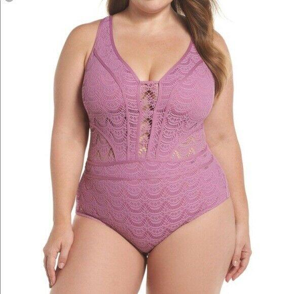 BECCA by Rebecca Virtue Plus Size crochet One-Piece Swimsuit mauve-Clothing, Shoes & Accessories:Women's Clothing:Swimwear-BECCA-Jenifers Designer Closet