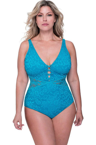 GOTTEX one piece swimsuit lace peacock blue tummy control - Jenifers Designer Closet
