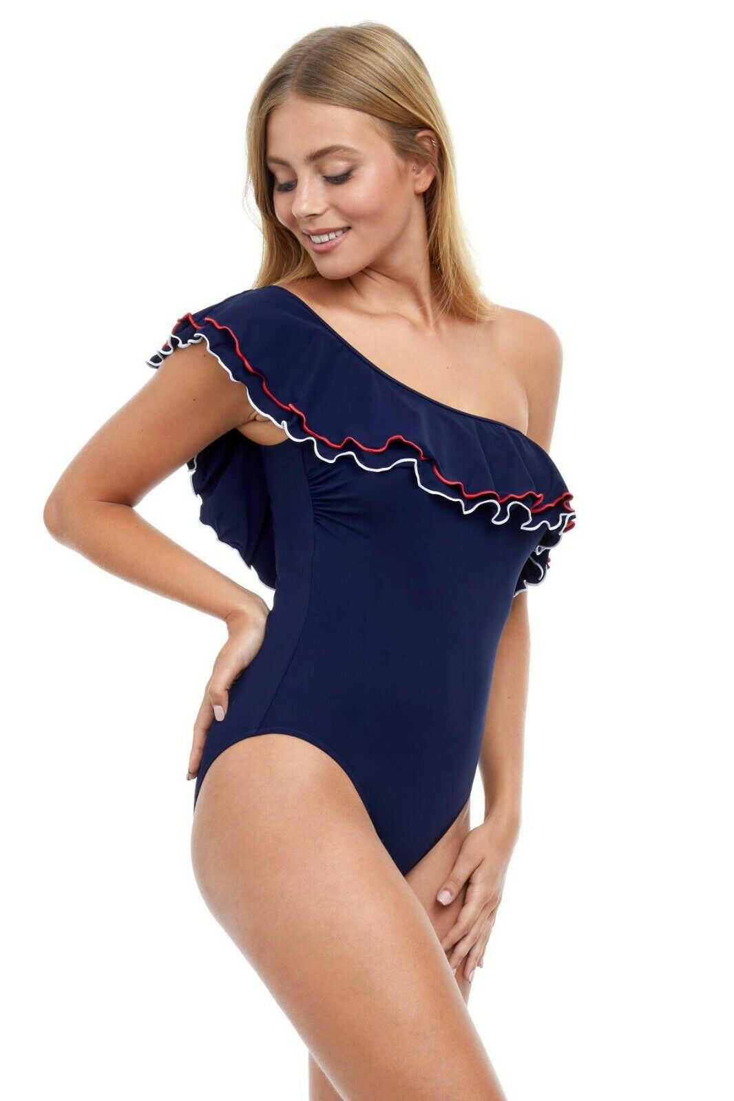 GOTTEX 10 one-shoulder off-shoulder ruffled swimsuit red white blue