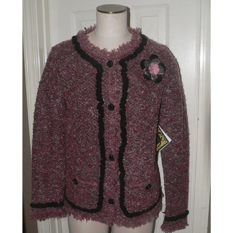 CURIO L Anthropologie Boucle sweater jacket Rosette brooch pin cardigan-Clothing, Shoes & Accessories:Women's Clothing:Sweaters-CURIO-Large-Mauve/Black-Jenifers Designer Closet