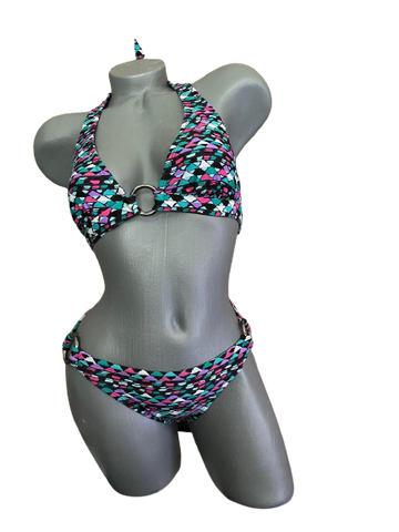 SHOSHANNA P S bikini swimsuit mosaic with gunmetal rings 2 piece halter