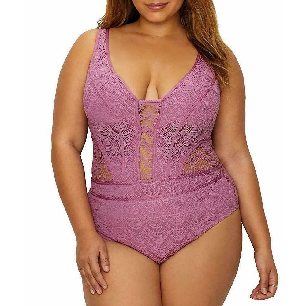 BECCA by Rebecca Virtue Plus Size crochet One-Piece Swimsuit mauve-Clothing, Shoes & Accessories:Women's Clothing:Swimwear-BECCA-Jenifers Designer Closet