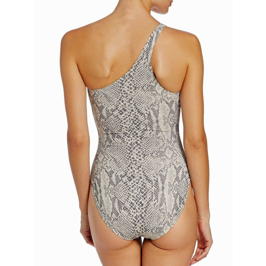 NORMA KAMALI XS 1 piece swimsuit one-shoulder snake python hot off-shoulder-Clothing, Shoes & Accessories:Women's Clothing:Swimwear-Norma Kamali-XS-cream/charcoal-Jenifers Designer Closet