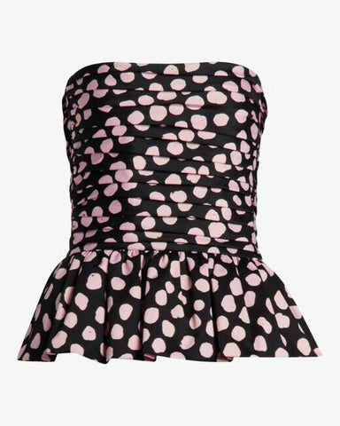 TANYA TAYLOR 10 Sophie polka dot strapless corset peplum top black pink
