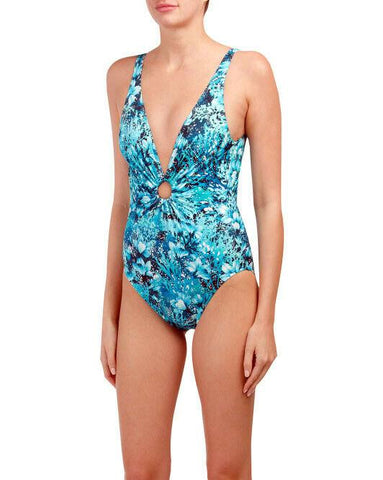 CARMEN MARC VALVO 6 swimsuit 1 Piece shaping deep v-neck ring slimming lined - Jenifers Designer Closet