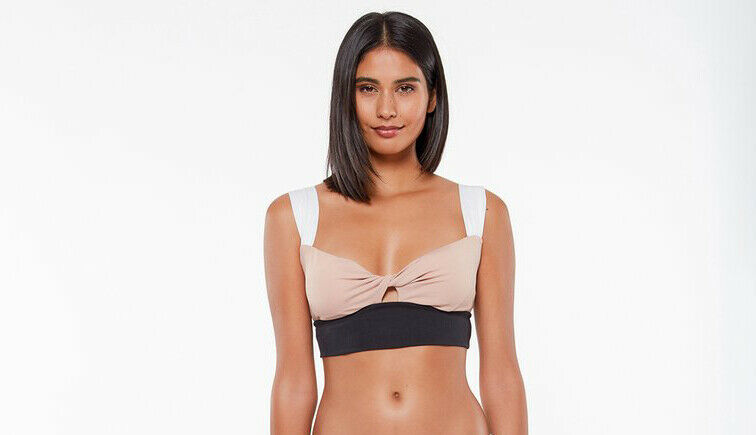 SANCTUARY swimsuit bikini color block 2 piece high-waisted black tan