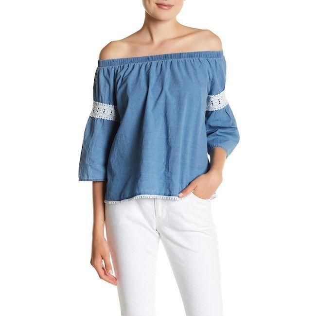 JOE'S JEANS M off the shoulder shirt top chambray lace trim blue 3/4 sleeve-Clothing, Shoes & Accessories:Women's Clothing:Tops-Joe's Jeans-Medium-Chambray blue-Jenifers Designer Closet