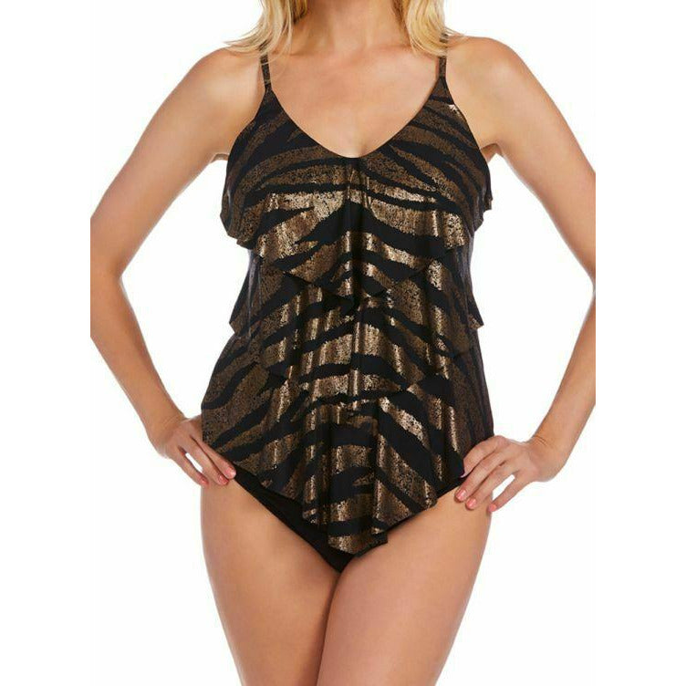 MIRACLESUIT Magicsuit 10 Shine On Rita Tankini Top metallic tiered handkerchief - Jenifers Designer Closet