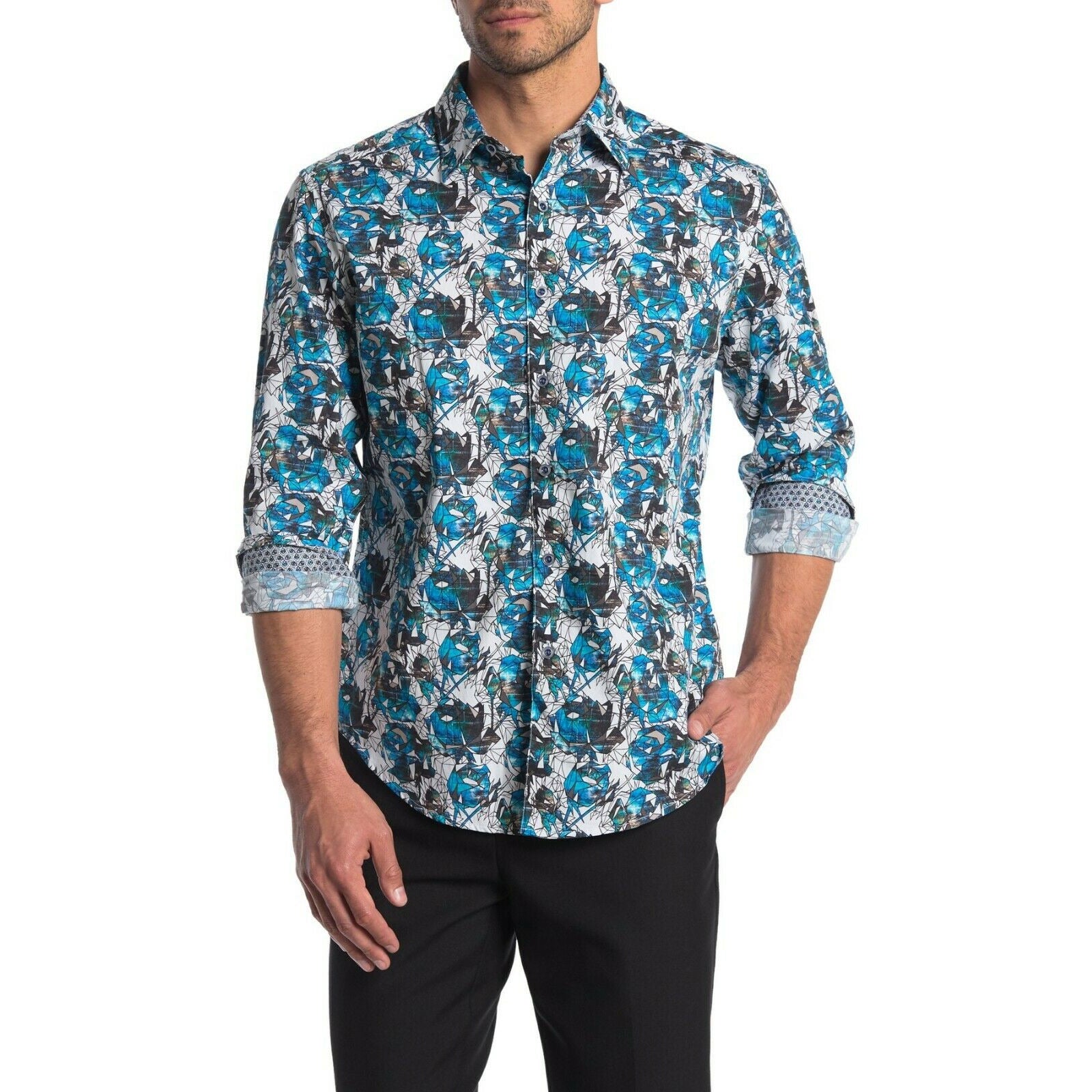 ROBERT GRAHAM shirt LG blue contrast cuffs abstract design men's-Clothing, Shoes & Accessories:Men:Men's Clothing:Shirts:Casual Button-Down Shirts-Robert Graham-Large-Blue-Jenifers Designer Closet