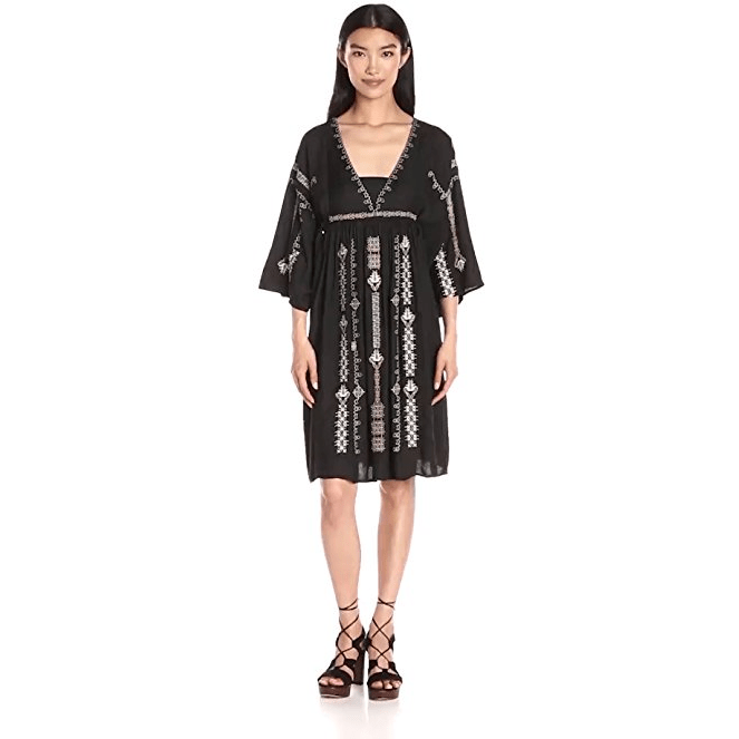 GREYLIN Nadia XS embroidered boho peasant dress black gauzy 3/4 sleeve-Dresses-Greylin-XS-Black-Jenifers Designer Closet