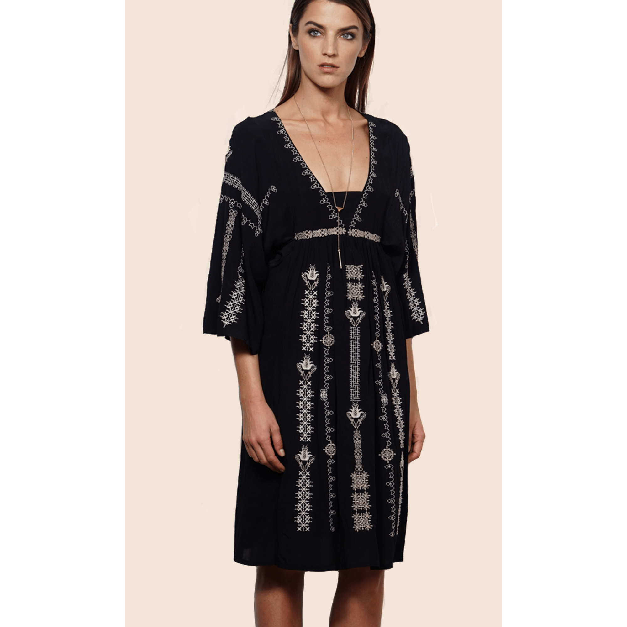 GREYLIN Nadia XS embroidered boho peasant dress black gauzy 3/4 sleeve-Dresses-Greylin-XS-Black-Jenifers Designer Closet