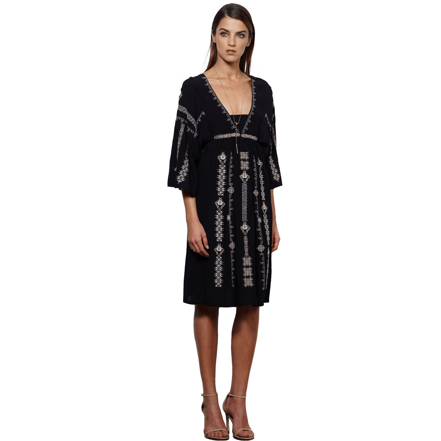 GREYLIN Nadia XS embroidered boho peasant dress black gauzy 3/4 sleeve-Dresses-Greylin-XS-Black-Jenifers Designer Closet