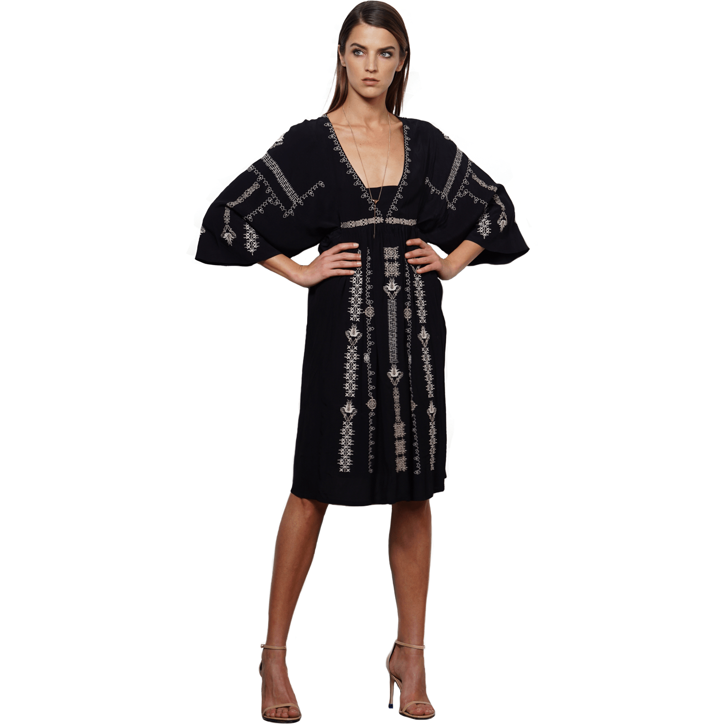 GREYLIN Nadia XS embroidered boho peasant dress black gauzy 3/4 sleeve-Dresses-Greylin-XS-Black-Jenifers Designer Closet