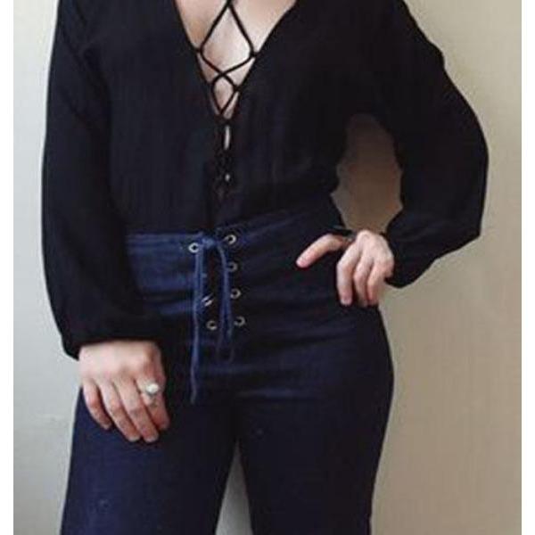 LUCCA COUTURE S lace-up denim jeans pants dark blue cropped 26"-Jeans-Lucca Couture-26-Blue-Jenifers Designer Closet