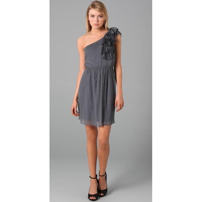 REBECCA TAYLOR 6 gray 1 shoulder ruffled dress dot Silk chiffon party mini-Dresses-Rebecca Taylor-6-Gray-Jenifers Designer Closet