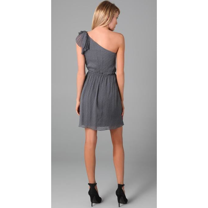 REBECCA TAYLOR 6 gray 1 shoulder ruffled dress dot Silk chiffon party – Jenifers Designer Closet