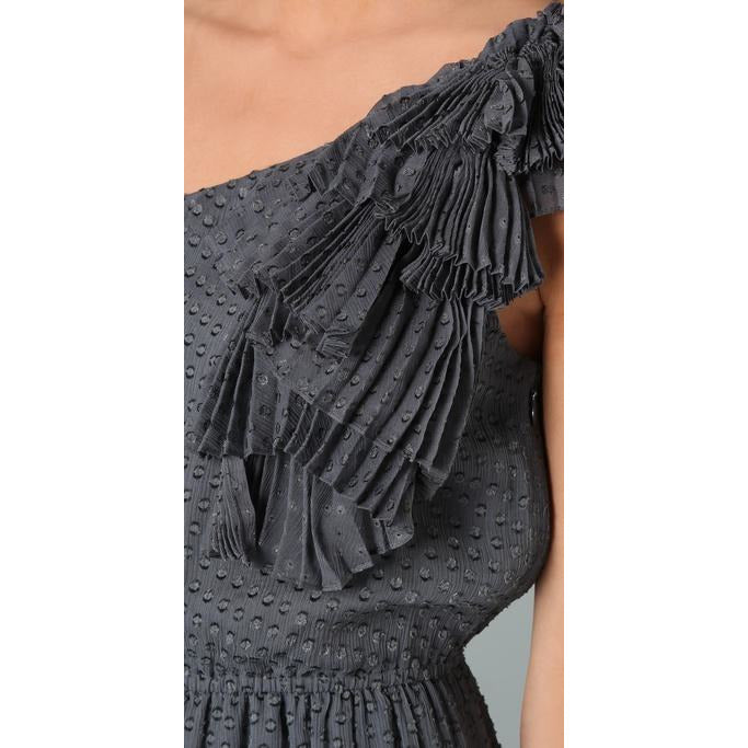 REBECCA TAYLOR 6 gray 1 shoulder ruffled dress dot Silk chiffon party mini-Dresses-Rebecca Taylor-6-Gray-Jenifers Designer Closet