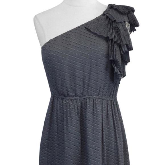 REBECCA TAYLOR 6 gray 1 shoulder ruffled dress dot Silk chiffon party mini-Dresses-Rebecca Taylor-6-Gray-Jenifers Designer Closet